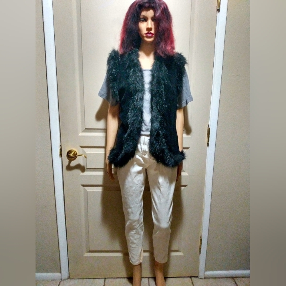 Lisa International Black Faux Fur Trim Vest